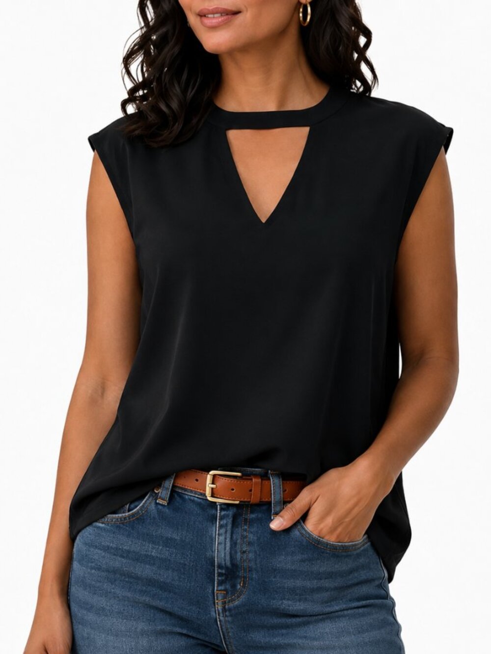 DR2 by Daniel Rainn Black Keyhole Pleated Back Cap Sleeve Blouse S